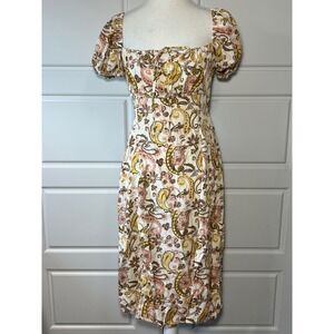 Dizzy Lizzy Autumn Paisley Floral Square Neck Puff‎ Sleeve Midi Dress Medium